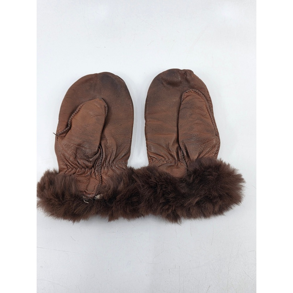 Vintage‎ Brown Leather Mittens Rabbit Fur Trim Winter Gloves Warm Lined Child